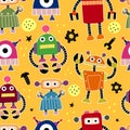 Seamless childish pattern with cartoon robots, stars, decor elements on a neutral background. vector. hand drawing.