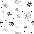 Seamless vector pattern with black and white snowflakes and black dots on white blackground. Doodle hand drawn style. Royalty Free Stock Photo