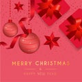 Merry Christmas and Happy New Year Red Greetings Card. Background Xmas design, realistic gifts box, pine branch and glitter Red Royalty Free Stock Photo