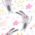 Seamless pattern with cartoon magic bunnies, decor elements. flat style, colorful vector for kids. hand drawing. Royalty Free Stock Photo