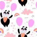 Seamless pattern with cartoon pandas, balloons, rainbows, clouds, decor elements. flat style, colorful vector for kids. hand draw