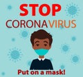 Stop coronavirus. Black man in a mask. Flat vector illustration. Web banner. Royalty Free Stock Photo