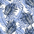 Abstract seamless tropical pattern with bright plants and leaves on a colorful background.Vector design. Print of the jungle.