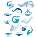 Wave decorative set. Blue icons hand drawn graphic art design element object isolated Royalty Free Stock Photo