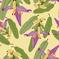 Seamless tropical pattern with banana palms flower, leaves and fruit. Yellow background. Royalty Free Stock Photo