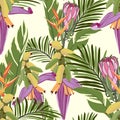 Seamless tropical pattern with banana palms branch with flower and fruit with palm leaves. Royalty Free Stock Photo