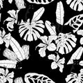 Seamless pattern with African panther animal and line tropical flowers and leaves.