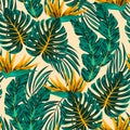 Trendy seamless tropical pattern with bright plants and leaves on a colorful background. Seamless pattern with colorful leaves