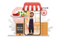 Waiter with delivery food from restaurant flat vector cartoon character. Fast courier. Restaurant food service