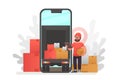 Online delivery service concept, online order tracking. Delivery home and office. City logistics. Warehouse, truck, forklift