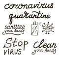 Clean your hands, Stop virus, Sanitize your hands, Coronavirus, quarantine, covid-19 set calligraphy lettering