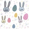 Easter colorful eggs, rabbits, bunny on white background. Template for typography poster, banner