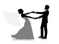 Silhouette of a groom holding his bride. The veil of the bride is flying. Royalty Free Stock Photo