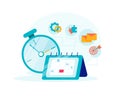 Time management concept planning, organization, working time. Clock, calendar, emails, puzzles pieces and targets icons isolated o