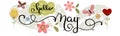 Hello May. MAY month vector hand lettering with flowers, bird house and leaves. Decoration floral. Illustration month may