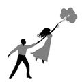 Silhouette of a man holding a woman. She is flying and holding balloons.