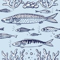 Seamless pattern with fish, corals, marine plants and seaweed.