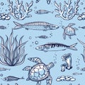 Seamless pattern with fish, turtle, corals, marine plants and seaweed