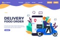 Fast and Free Delivery by Man Ride Scooter concept. Food service. Website Banner, vector illustration, presentation template