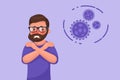 Cartoon hipster bearded young man with coronavirus chills symptom. Flat style character vector Royalty Free Stock Photo