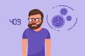 Cartoon hipster bearded young man with coronavirus fever symptom. Flat style character vector