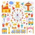 Amusement park cute illustrations collection. Attractions, sweet food, magical equipment icons and symbols. Weekend and holiday ac Royalty Free Stock Photo
