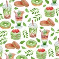 Vector Watercolor Food Theme Green Tea Product Seamless Pattern