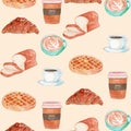 Vector Watercolor Food Theme Cafe Breakfast Seamless Pattern Royalty Free Stock Photo