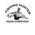 Hunter fishing camp. Emblem template with carp fish. Design element for logo label sign poster. Vector illustration Royalty Free Stock Photo