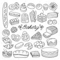 Hand drawn bakery illustrations. Bread, cakes, cupcakes, sweet desserts sketched drawings for cafe and menu decorations