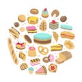 Bread and bakery products, cakes, sweet pies, cupcakes, donuts vector illustrations round concept Royalty Free Stock Photo
