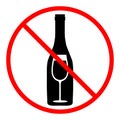 Prohibition sign a bottle of wine with a glass in a red crossed out circle. No alcohol. Royalty Free Stock Photo