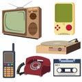 Vintage Retro Electronic Set Object Analog Television, Rotary Dial Telephone, Old Game Console, Compact Cassette Tape, Old Cell P