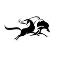 Troika. Three horses in traditional Russian harness driving combination. Black and white stylized silhouettes for logo, emblem