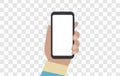 Vector illustration hand holding smartphone on transparent background. Mobile applications concept. Royalty Free Stock Photo