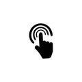 Black and white icon. Hand pointing to something or pushing a button.