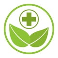 Medical green pharmacy sign. leaf with a cross on a white background