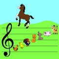 Set Hand-drawn animal icons for children learning music. Music staff and treble clef. Royalty Free Stock Photo
