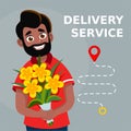 Smiling courier boy holding flowers bouquet