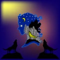 Silhouette of a young woman on a background of the night sky. Icon of a howling wolf and moonlight. Symbol of mountains and forest