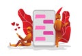 A couple relationship in love chatting , in story , gradient vector leaf ,mobil handphone icon love in reach. dating cute online ,