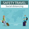 Safety travel concept. Tourist man and women wearing medical face mask with luggage and social distancing. travel during coronavir