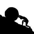 Silhouette of man pushing big boulder uphill on white background
