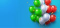 Greeting design in national green, white and red colors with realistic flying helium balloons on blue Royalty Free Stock Photo