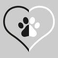 Dog paw emblem in black and white heart on gray background