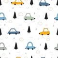 Seamless pattern Vehicle background with vintage cars and trees and clouds