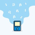 Blue pocket music player cartoon with music note background illustration design