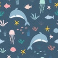 Seamless cartoon pattern Dolphins are floating in the sea Marine life background