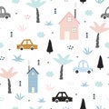 Seamless pattern Rural village background with cars, trees, and houses Cute design hand drawn cartoon