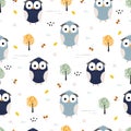 Seamless pattern cartoon animal background Owls and trees